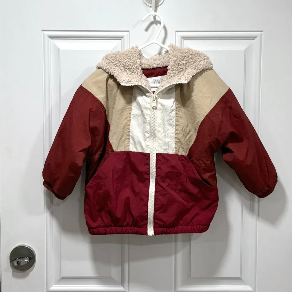 Zara Colorblock Hooded Jacket in White, Beige, Burgundy & Red